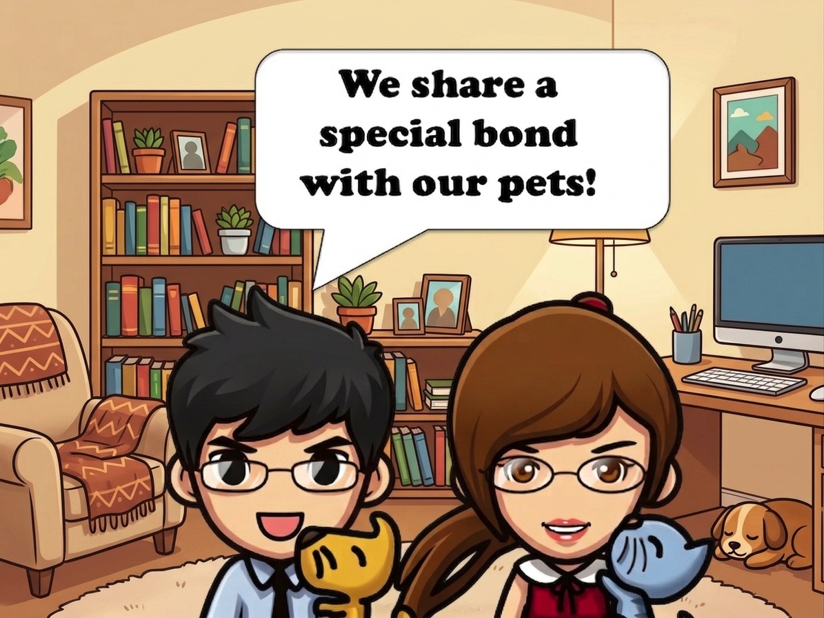 「We share a special bond with our pets」と書かれた吹き出しと、ペットを抱えるカップルのイラスト