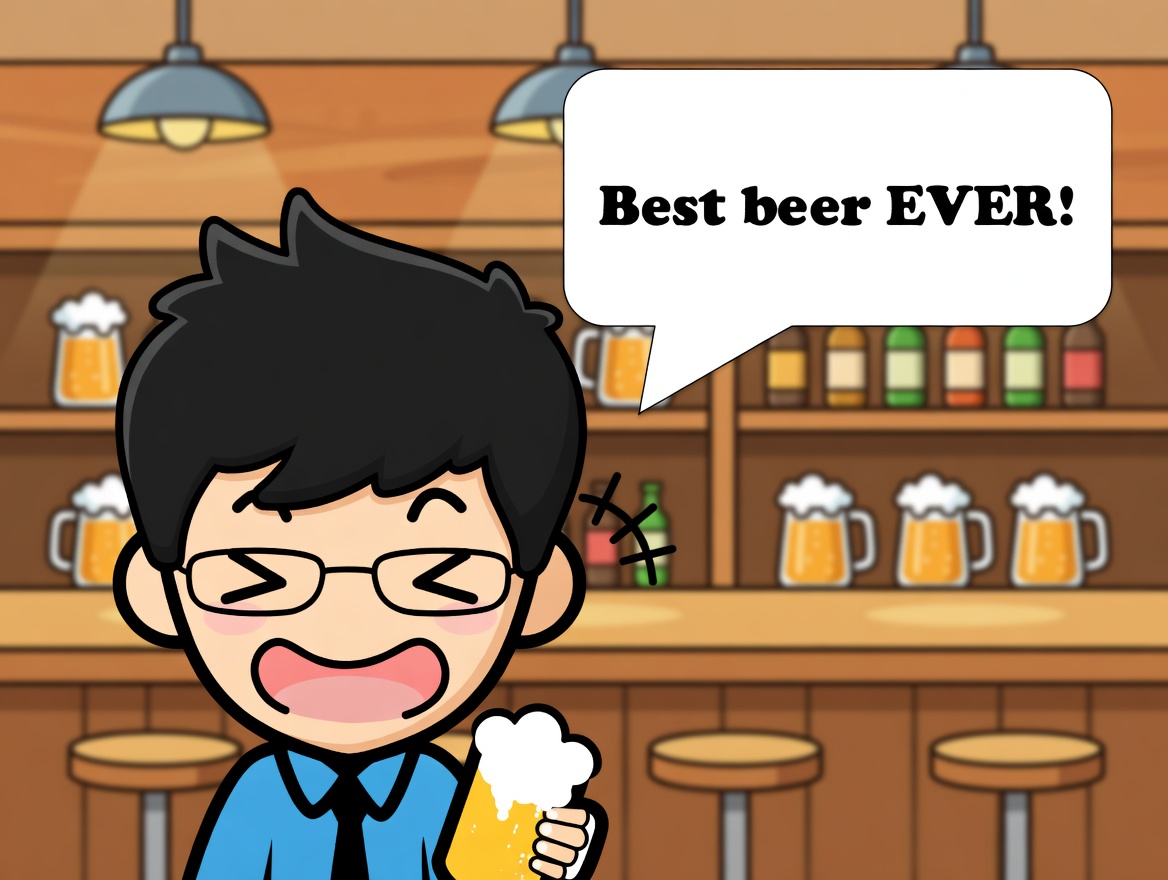 バーでビールを飲みながら「Best beer EVER!」と言うキャラクターのイラスト。「今まで最高！」を英語で表現する場面。