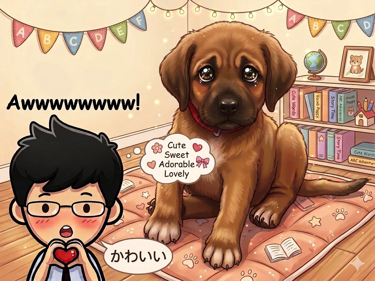 Adorable brown puppy with big sparkling eyes sitting on a pink cushion next to a cute anime boy making heart hands saying "かわいい", with text "Awwwwww!" and "Cute Sweet Adorable Lovely"