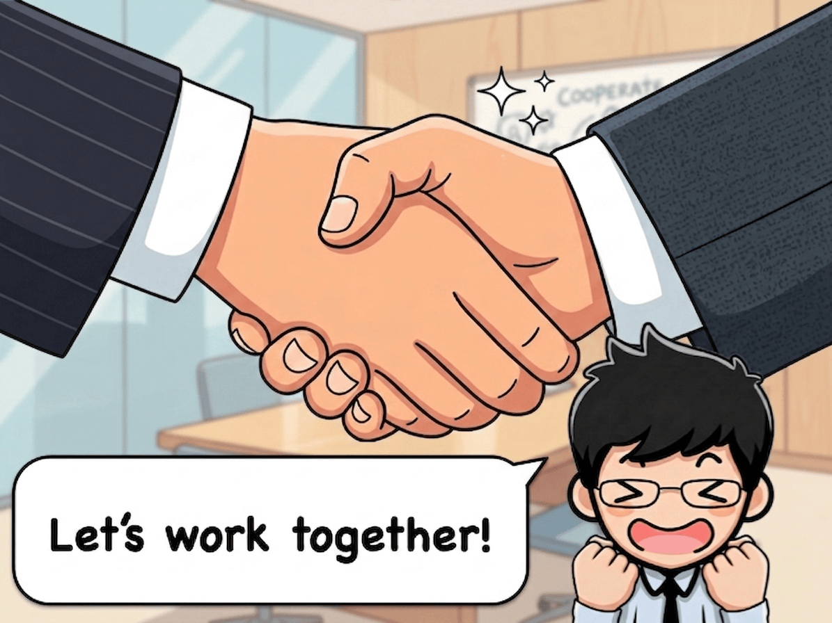 「Let's work together!」と書かれた吹き出しと握手のイラスト｜協力する英語フレーズ