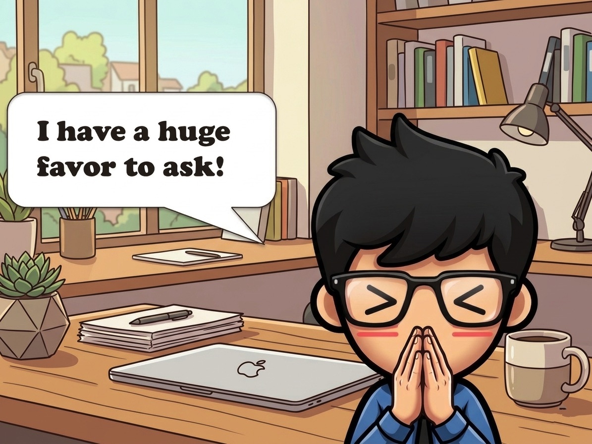 Anime-style illustration of a person saying "I have a huge favor to ask!" with hands pressed together in a pleading gesture