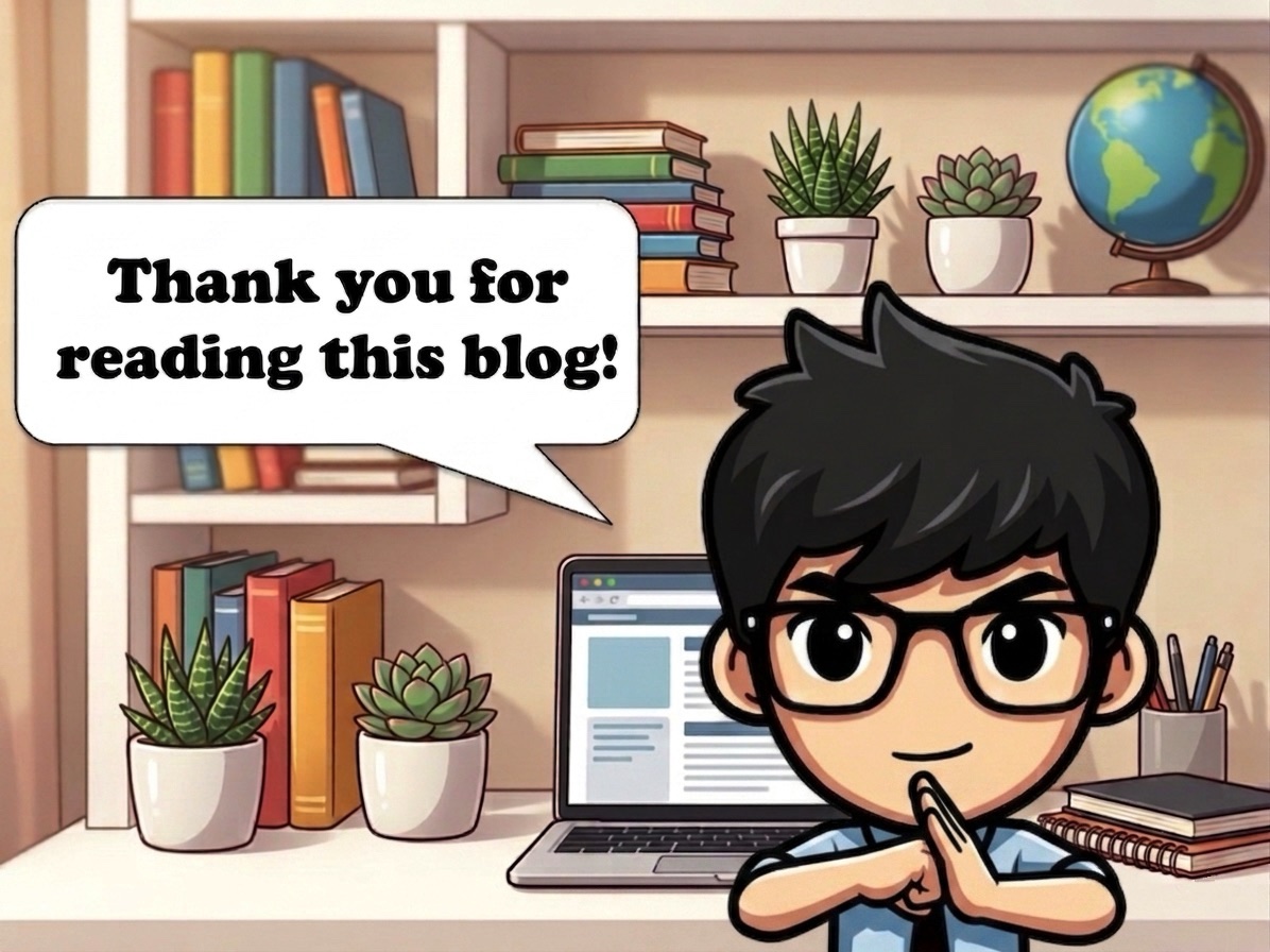 英語の「ありがとう」表現200選を解説する講師のイラスト — Thank you for reading this blog!