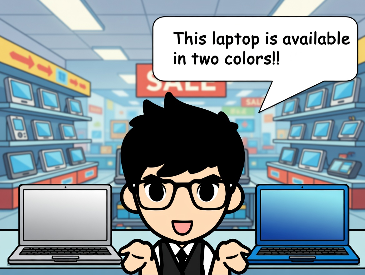 家電量販店でパソコンを2台並べた店員の吹き出しに「This laptop is available in two colors!!」と表示されているイラスト