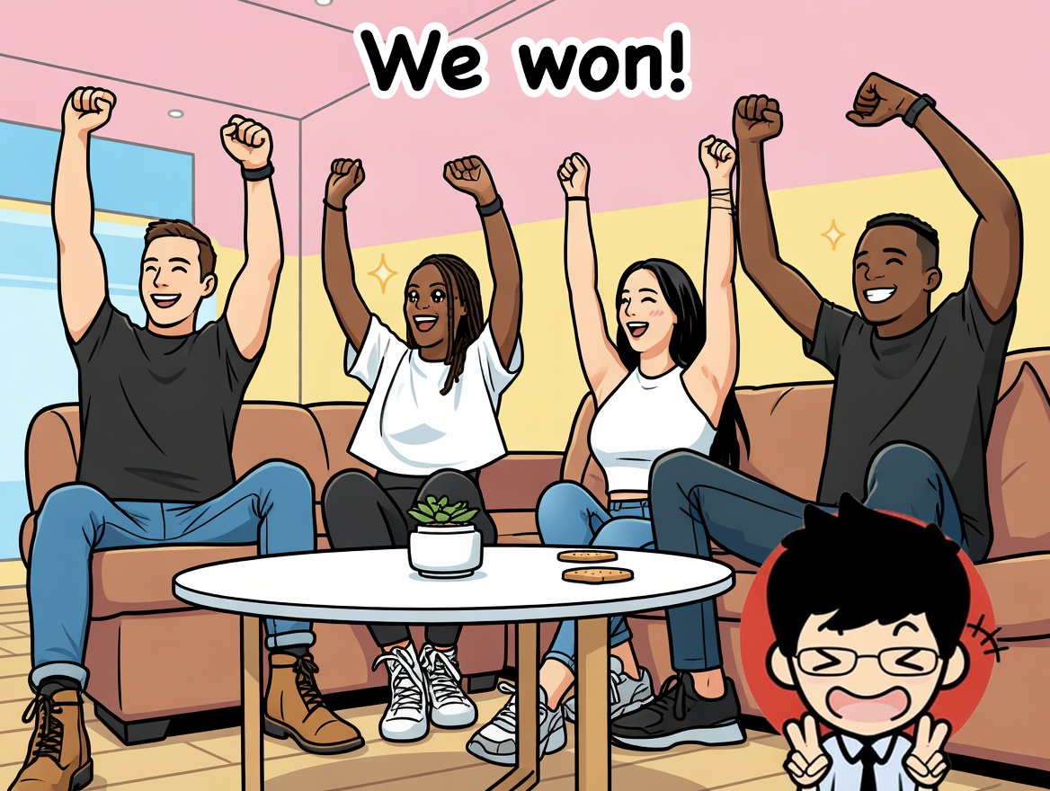 多国籍の4人がソファで「We won!」と両手を上げて喜ぶイラスト——優勝おめでとうを英語で伝える表現100選