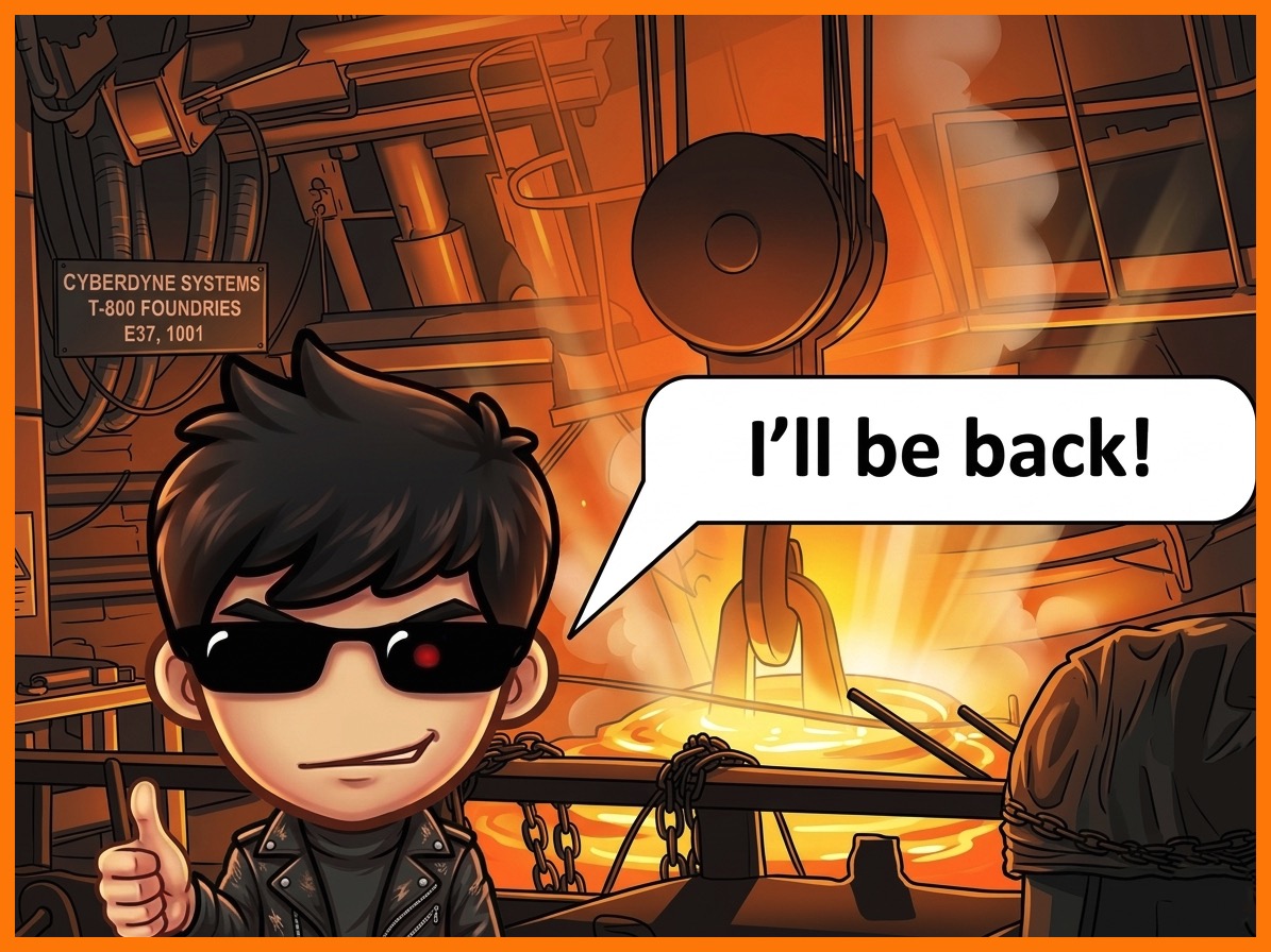Terminator character saying "I'll be back" – illustration for English back vs return usage guide for Japanese learners
