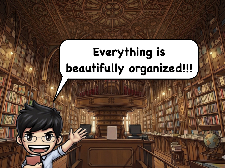 英語で「綺麗に整理された」を表すbeautifully organizedの図書館のイラスト