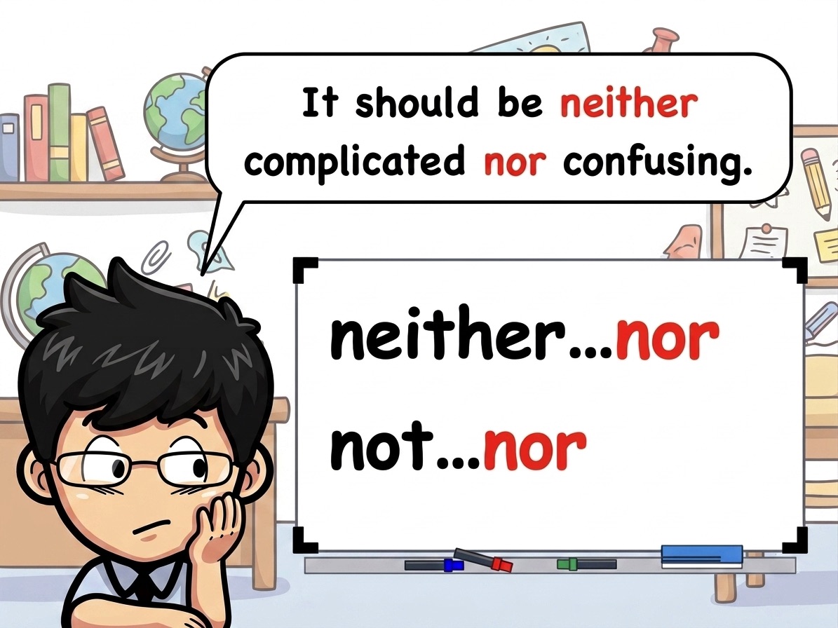 neither nor と not nor の使い方を示す英語学習イラスト