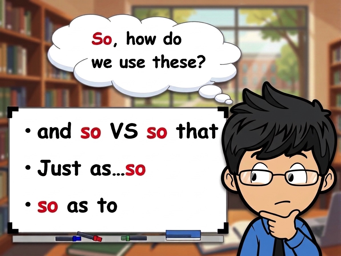 English conjunction "so" usage guide: and so vs so that, just as...so, so as to – examples for Japanese learners