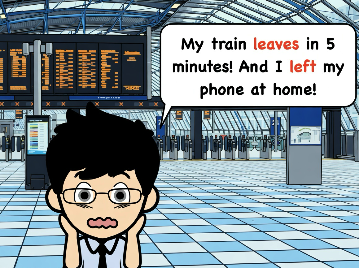 leaveとleftの意味・使い方・例文100選｜「My train leaves in 5 minutes! And I left my phone at home!