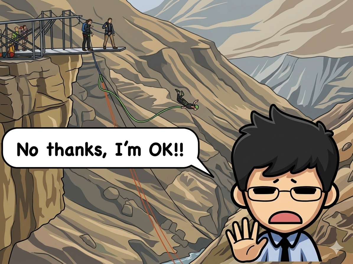 断崖からバンジージャンプを勧められ「No thanks, I'm OK!!」と断るキャラクター — 英語で結構ですと断る表現の記事アイキャッチ