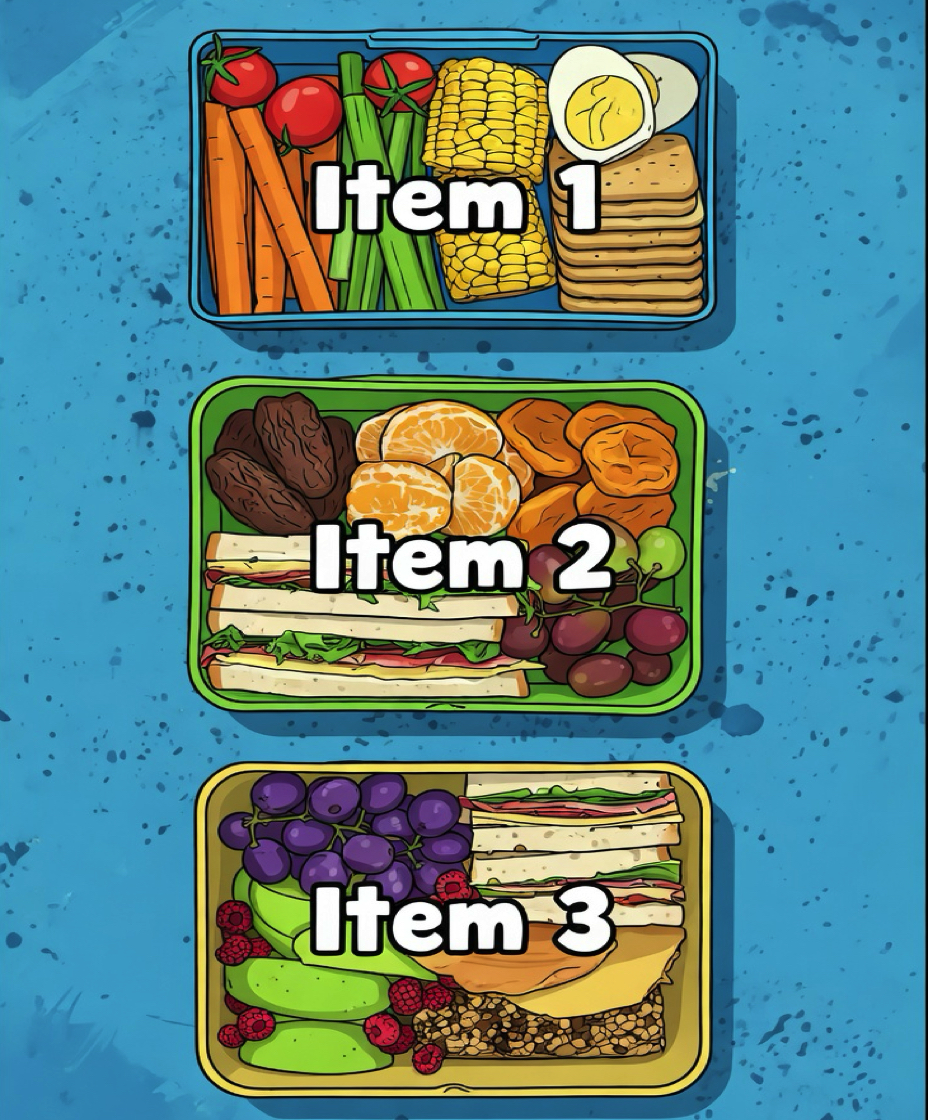 英語プレゼンの本論構造をお弁当箱で表したイラスト：Item 1・Item 2・Item 3の3段構成