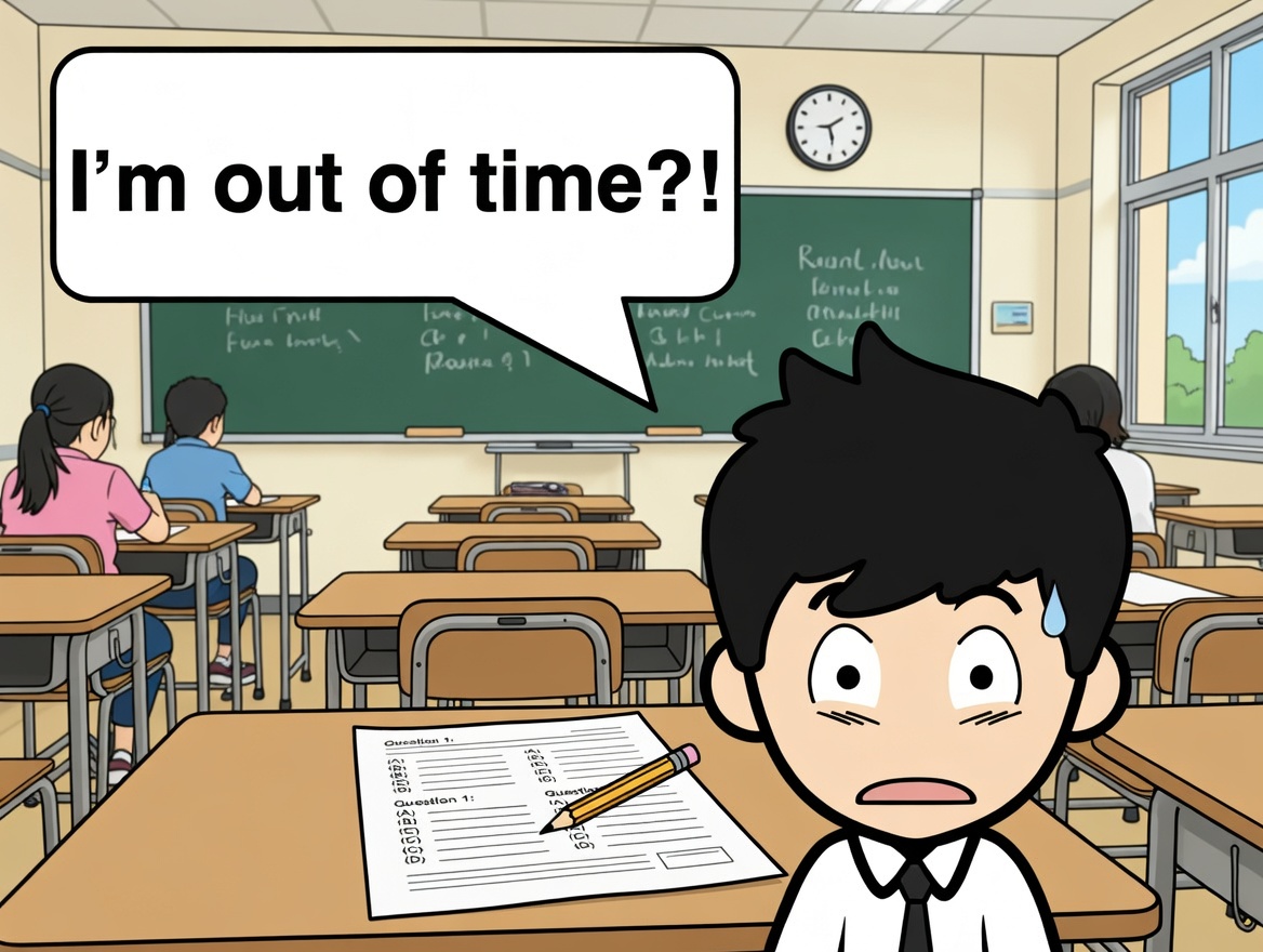 TOEICのPart7で時間切れになる理由を解説する授業風景のイラスト