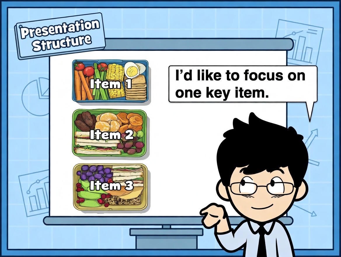 英語プレゼンの本論構造を解説するイラスト：お弁当箱のItem 1・2・3とプレゼンターのキャラクター