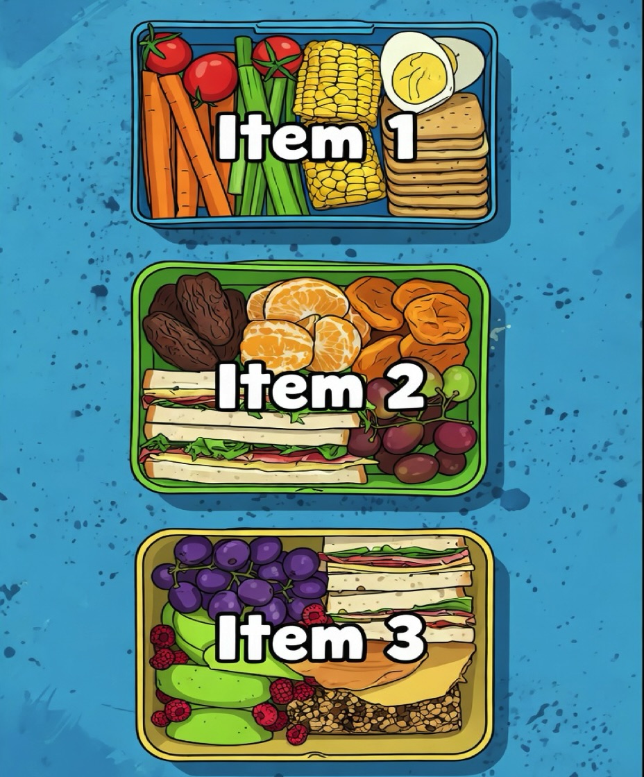 英語プレゼンの本論構造をお弁当箱で表したイラスト：Item 1・Item 2・Item 3の3段構成