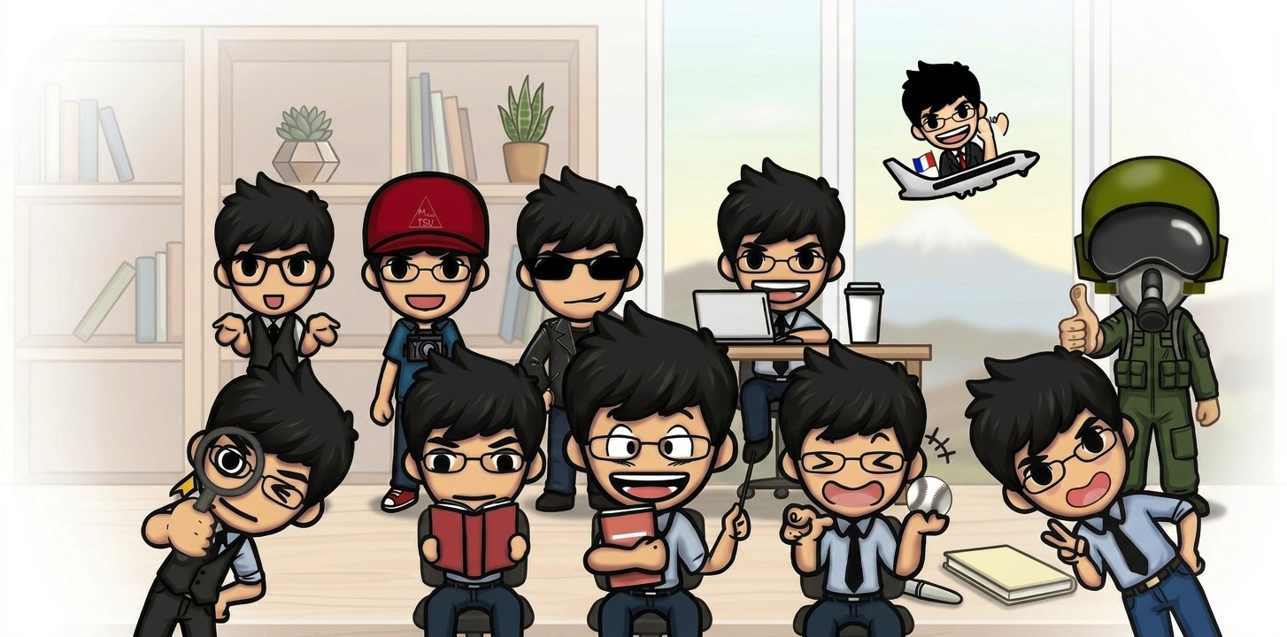A horizontal banner showing multiple versions of a cartoon character with black spiky hair and glasses. The avatars are depicted in different roles, including a pilot, a student reading, a professional working on a laptop, and a traveler, all set against a bright, clean office background with bookshelves.