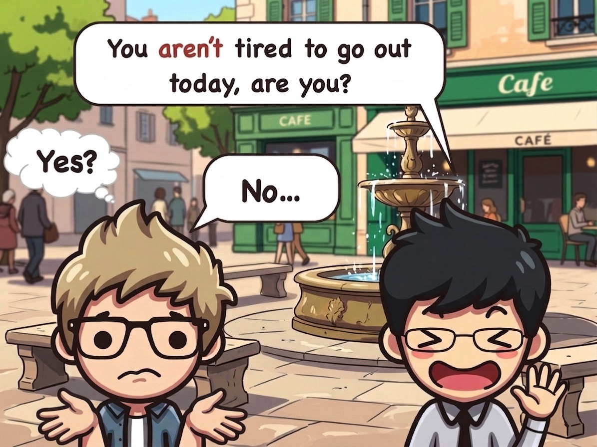 Two anime-style characters in a French town square: one asks "You aren't tired to go out today, are you?" while the other answers "No..." and thinks "Yes?"